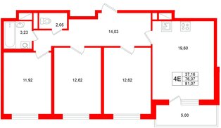 Квартира в ЖК Югтаун, 3 комнатная, 81.07 м², 4 этаж