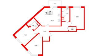 Квартира в ЖК Югтаун, 3 комнатная, 86.1 м², 2 этаж