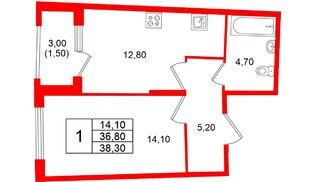 Квартира в ЖК «Ягодное Река Парк», 1 комнатная, 38.3 м², 6 этаж