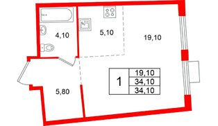 Квартира в ЖК «Ягодное Река Парк», 1 комнатная, 34.1 м², 5 этаж
