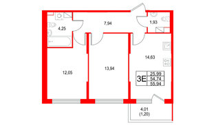 Квартира в ЖК Охтинские высоты, 2 комнатная, 55.94 м², 4 этаж