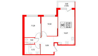 Квартира в ЖК Охтинские высоты, 2 комнатная, 59.46 м², 4 этаж