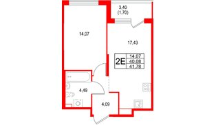 Квартира в ЖК Охтинские высоты, 1 комнатная, 41.78 м², 2 этаж