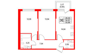 Квартира в ЖК Охтинские высоты, 2 комнатная, 55.86 м², 4 этаж