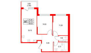 Квартира в ЖК Охтинские высоты, 2 комнатная, 59.03 м², 3 этаж