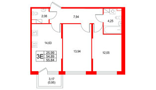 Квартира в ЖК Охтинские высоты, 2 комнатная, 55.84 м², 3 этаж