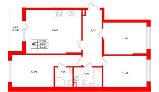 Квартира в ЖК Охтинские высоты, 3 комнатная, 75.96 м², 1 этаж