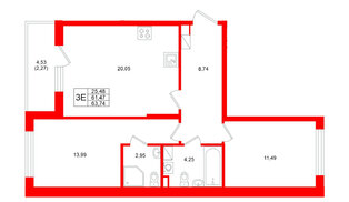 Квартира в ЖК Охтинские высоты, 2 комнатная, 63.74 м², 4 этаж