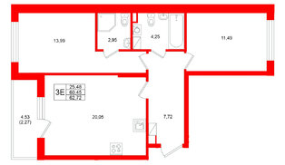 Квартира в ЖК Охтинские высоты, 2 комнатная, 62.72 м², 4 этаж