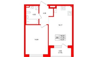 Квартира в ЖК «Охтинские высоты», 1 комнатная, 42.87 м², 4 этаж
