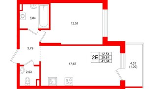 Квартира в ЖК «Охтинские высоты», 1 комнатная, 41.04 м², 2 этаж