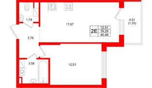 Квартира в ЖК «Охтинские высоты», 1 комнатная, 40.49 м², 4 этаж