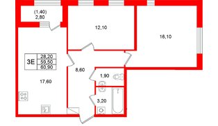 Квартира в ЖК «Лендлер», 2 комнатная, 60.9 м², 8 этаж