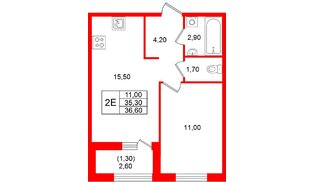 Квартира в ЖК «Лендлер», 1 комнатная, 36.6 м², 2 этаж
