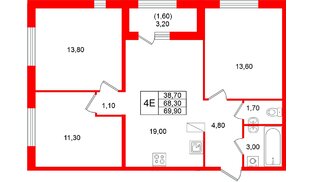 Квартира в ЖК «Лендлер», 3 комнатная, 69.9 м², 7 этаж