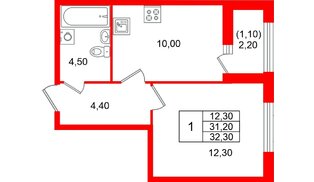 Квартира в ЖК «Лендлер», 1 комнатная, 32.3 м², 2 этаж