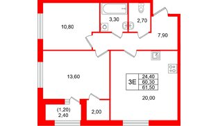 Квартира в ЖК «Лендлер», 2 комнатная, 61.5 м², 2 этаж
