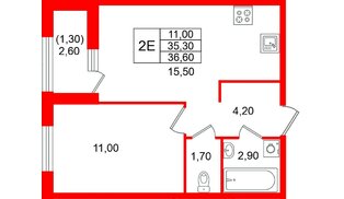 Квартира в ЖК «Лендлер», 1 комнатная, 36.6 м², 2 этаж