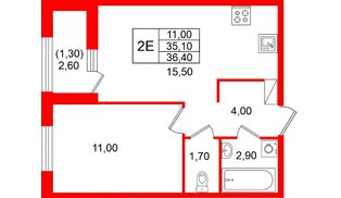 Квартира в ЖК «Лендлер», 1 комнатная, 36.4 м², 6 этаж