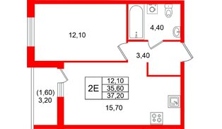 Квартира в ЖК «Лендлер», 1 комнатная, 37.2 м², 2 этаж
