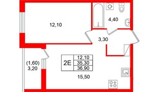 Квартира в ЖК «Лендлер», 1 комнатная, 36.9 м², 5 этаж