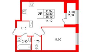 Квартира в ЖК «Лендлер», 1 комнатная, 35.1 м², 7 этаж