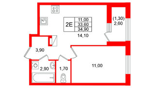 Квартира в ЖК «Лендлер», 1 комнатная, 34.9 м², 12 этаж
