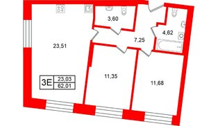 Квартира в ЖК «Остров Первых», 2 комнатная, 62.01 м², 2 этаж
