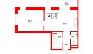 Квартира в ЖК Юнтолово, 1 комнатная, 46.74 м², 3 этаж
