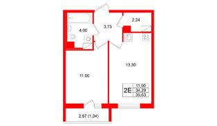 Квартира в ЖК Кинопарк, 1 комнатная, 35.63 м², 3 этаж