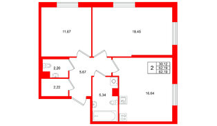 Квартира в ЖК Кинопарк, 2 комнатная, 62.19 м², 2 этаж