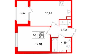 Квартира в ЖК Дубровский, 1 комнатная, 37.18 м², 2 этаж