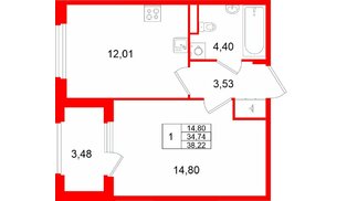 Квартира в ЖК Дубровский, 1 комнатная, 38.22 м², 1 этаж
