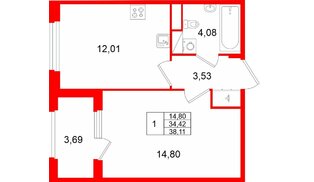 Квартира в ЖК Дубровский, 1 комнатная, 38.11 м², 4 этаж