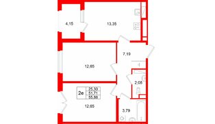 Квартира в ЖК «Дубровский», 2 комнатная, 55.86 м², 3 этаж
