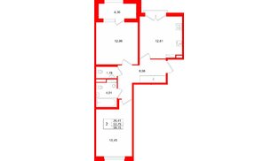 Квартира в ЖК «Дубровский», 2 комнатная, 58.15 м², 3 этаж