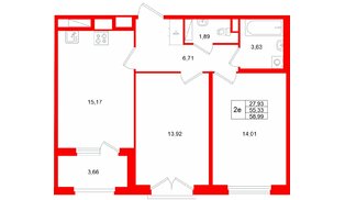Квартира в ЖК «Дубровский», 2 комнатная, 58.99 м², 2 этаж