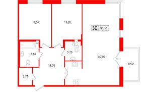 Апартаменты в ЖК «Репин», 2 комнатные, 93.1 м², 3 этаж