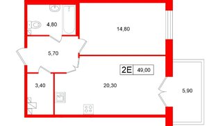 Апартаменты в ЖК «Репин», 1 комнатные, 49 м², 3 этаж