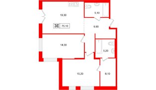 Апартаменты в ЖК «Репин», 2 комнатные, 75.1 м², 1 этаж