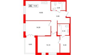 Апартаменты в ЖК «Репин», 2 комнатные, 74.6 м², 2 этаж