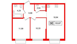 Квартира в ЖК «Таллинский парк», 2 комнатная, 53.67 м², 4 этаж