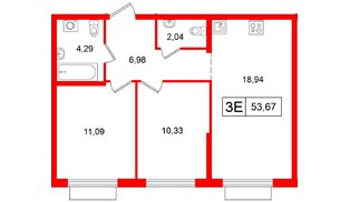 Квартира в ЖК Таллинский парк, 2 комнатная, 53.67 м², 6 этаж