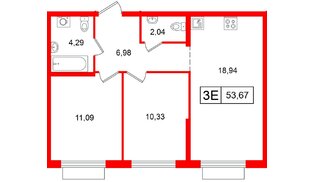 Квартира в ЖК «Таллинский парк», 2 комнатная, 53.67 м², 8 этаж