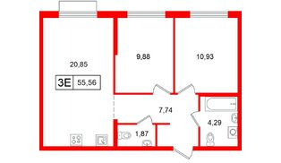 Квартира в ЖК Таллинский парк, 2 комнатная, 55.56 м², 3 этаж