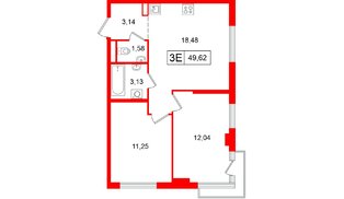 Квартира в ЖК «Таллинский парк», 2 комнатная, 49.62 м², 6 этаж