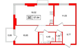 Квартира в ЖК «Таллинский парк», 2 комнатная, 57.64 м², 5 этаж