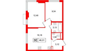 Квартира в ЖК «Таллинский парк», 2 комнатная, 46.01 м², 7 этаж