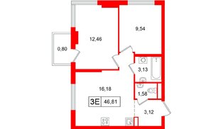 Квартира в ЖК «Таллинский парк», 2 комнатная, 46.81 м², 8 этаж