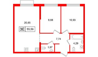 Квартира в ЖК «Таллинский парк», 2 комнатная, 55.56 м², 7 этаж